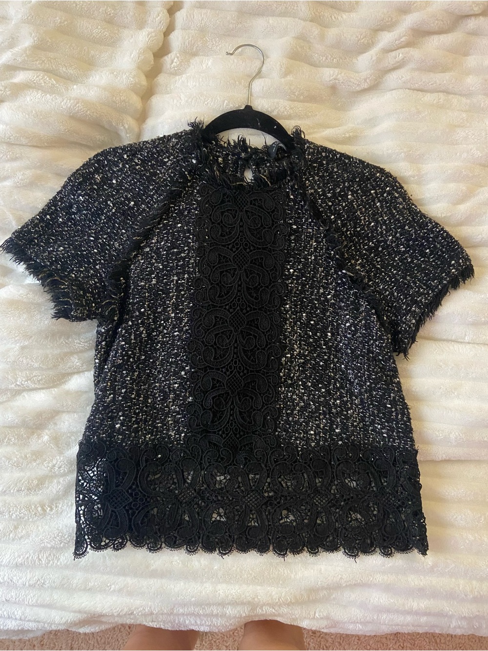 Zara Black Tweed Short Sleeve Top with Lace Panels - Picture 1 of 4
